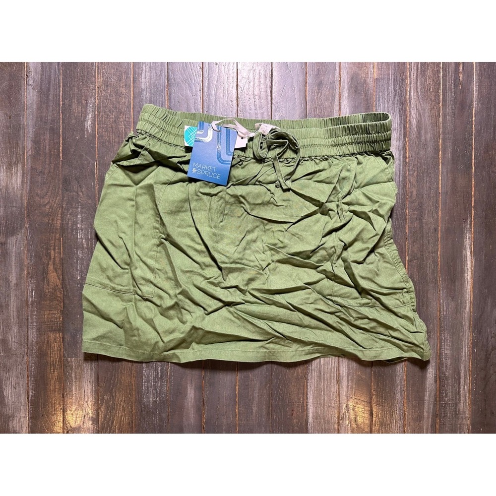 Market & Spruce Women Green Lyocell Linen Blend Drawstring Mini Skirt